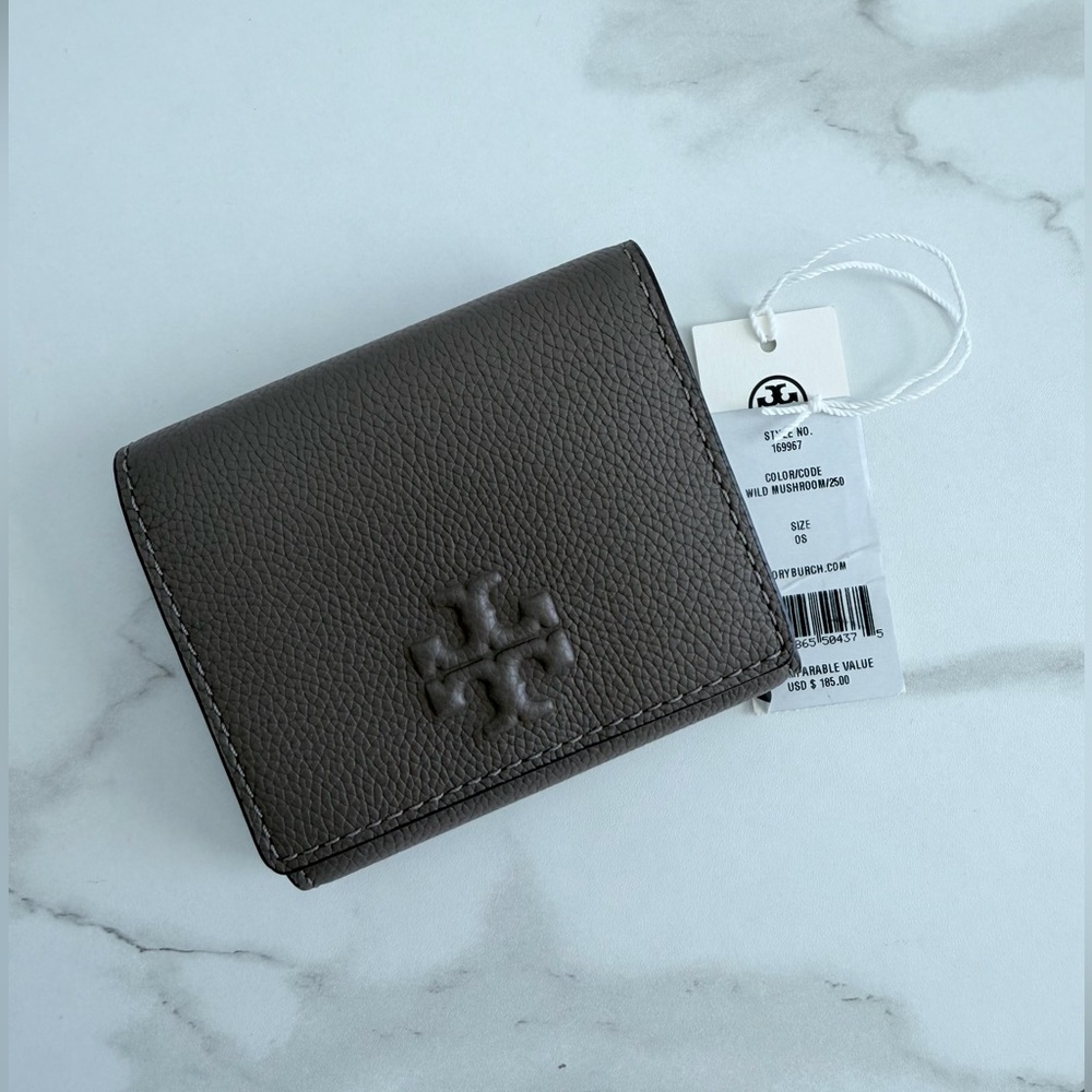 Tory Burch Wild Gray Pebbled Leather Zip Bifold Wallet